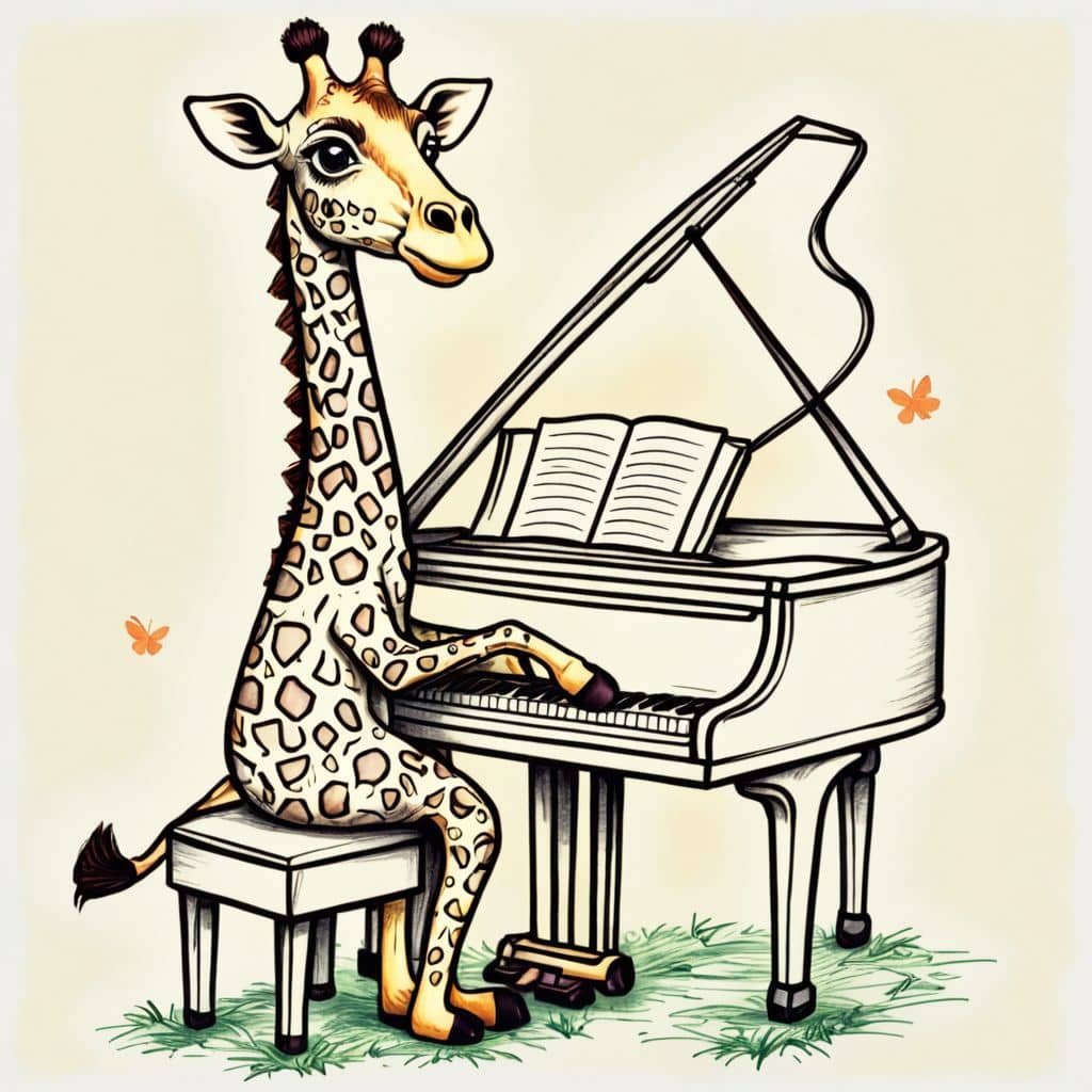 Colored Giraffe playing the piano