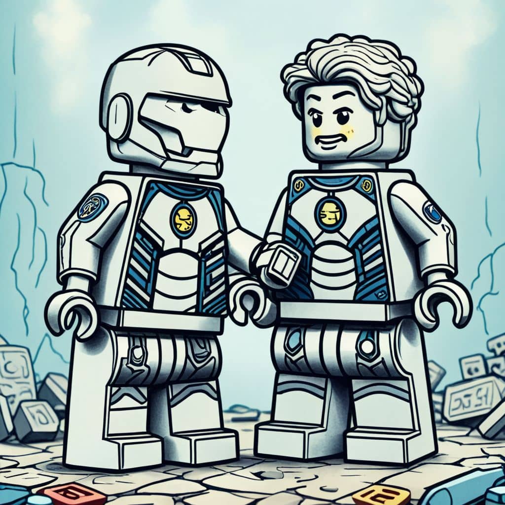 Colored Lego Iron Man choosing a new gadget