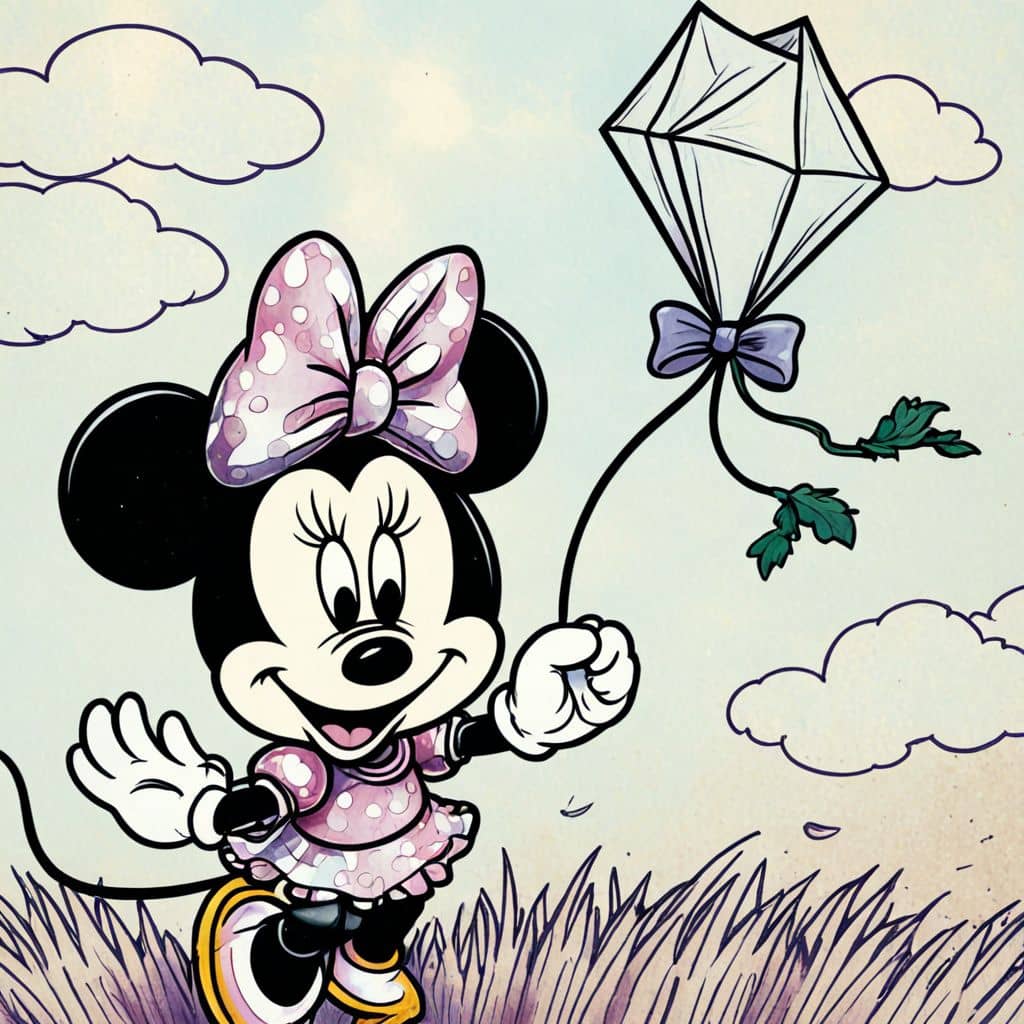 Colored Chibi Minnie Mouse flying a colorful kite