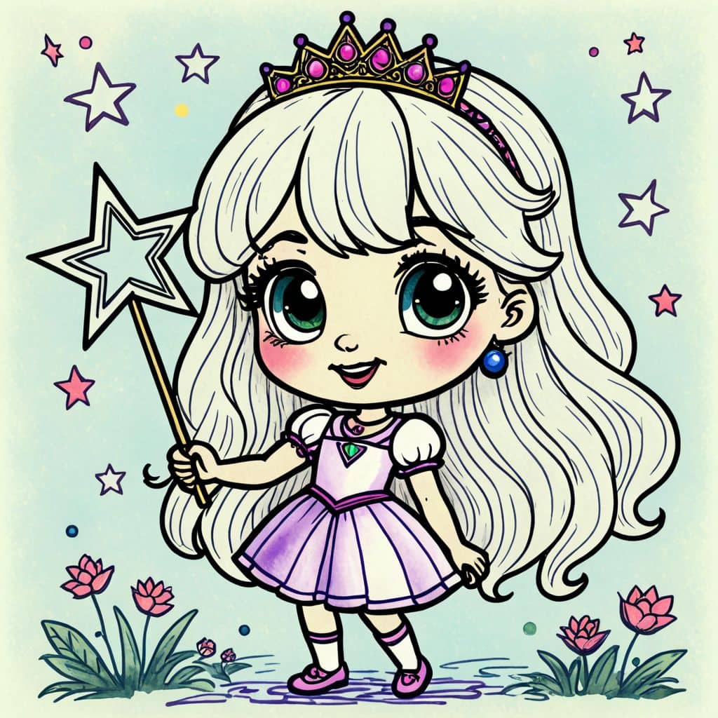 Colored Chibi princess holding a star wand