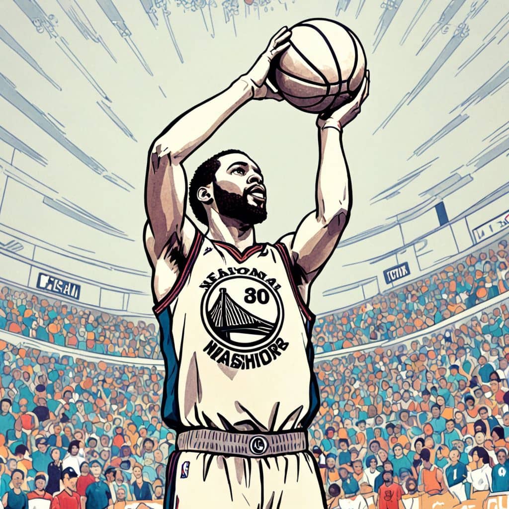 Colored Stephen Curry - the Warriors player shooting a three-pointer