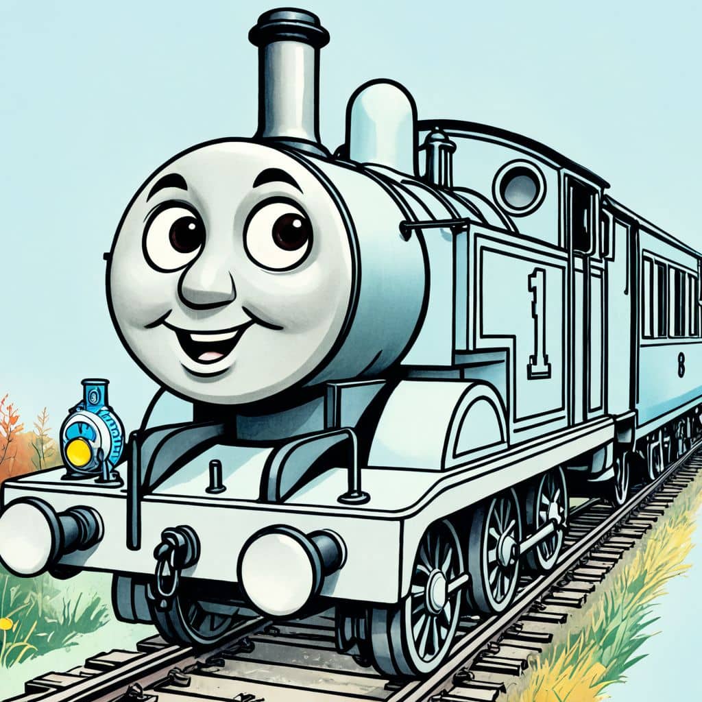 Colored James-the-red-engine from Thomas & Friends blowing his whistle happily
