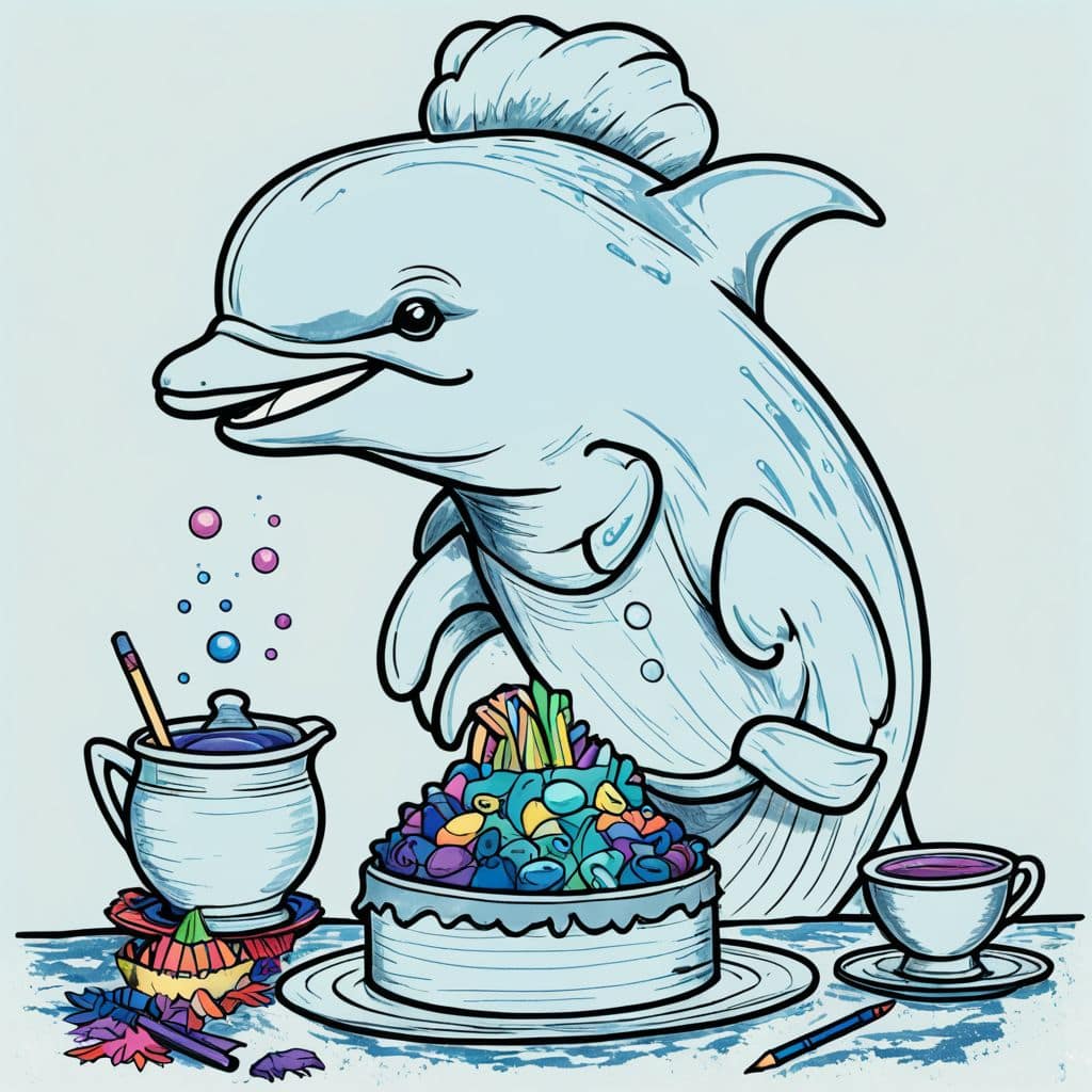 Colored Dolphin chef decorating a cake