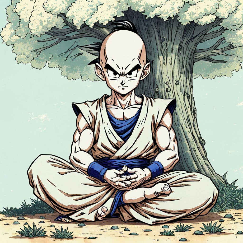 Colored Piccolo - the Namekian from Dragon Ball Z meditating under a tree