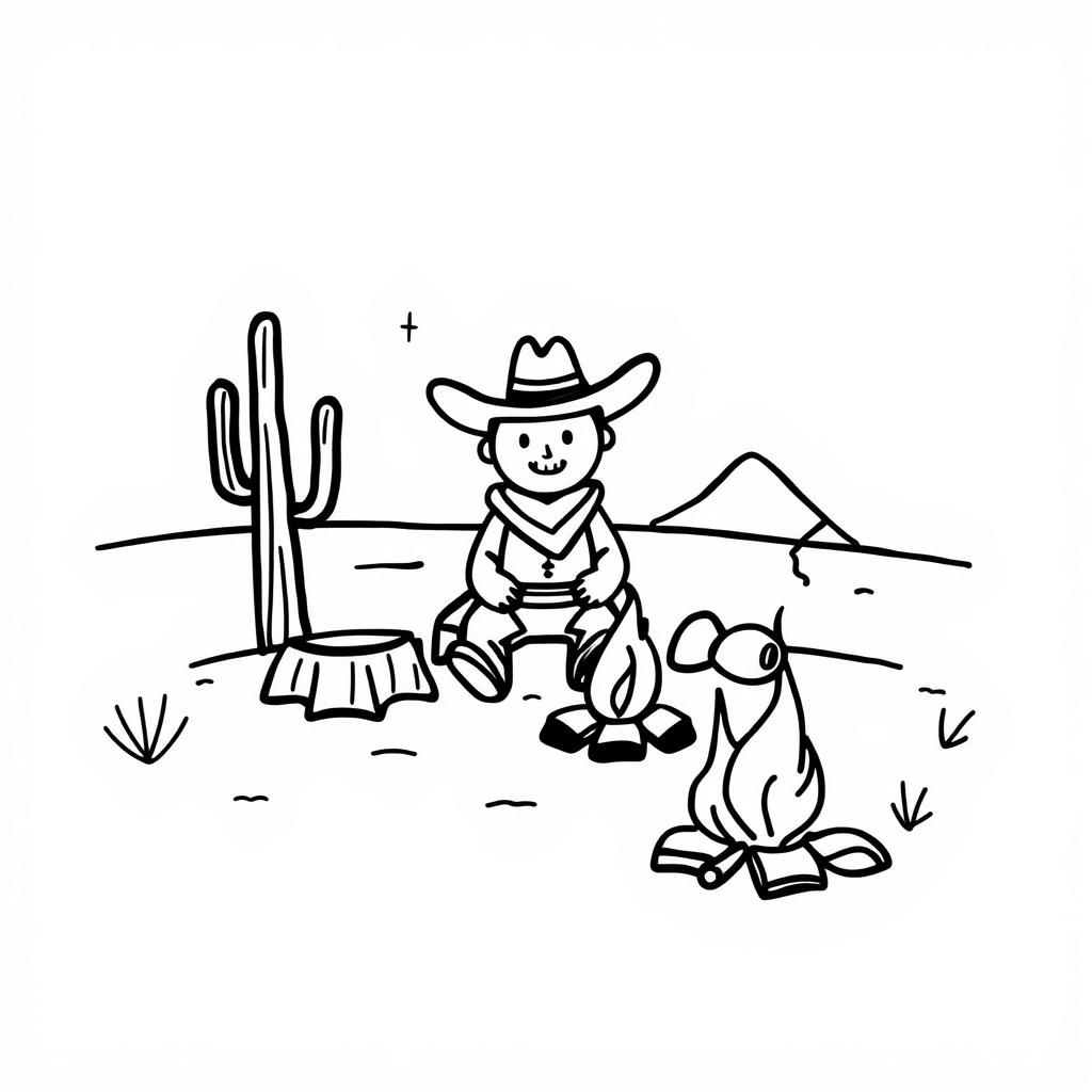 Cowboy sitting by campfire in desert