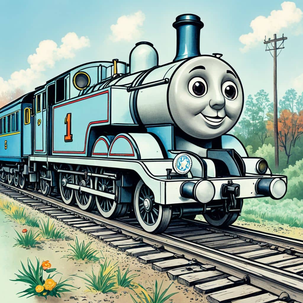 Colored Gordon-the-big-engine from Thomas & Friends racing on the tracks