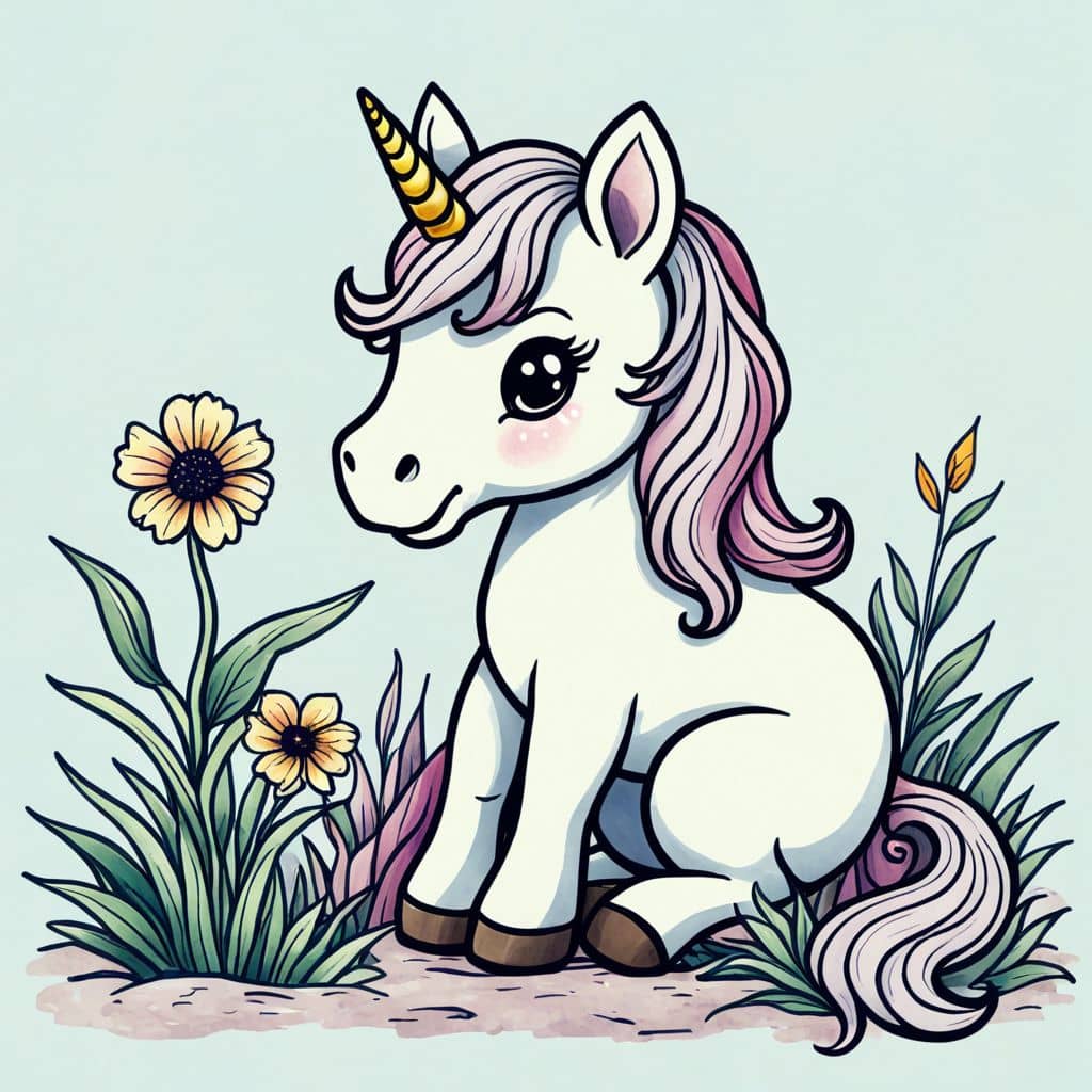 Colored Unicorn sitting beside a blooming flower