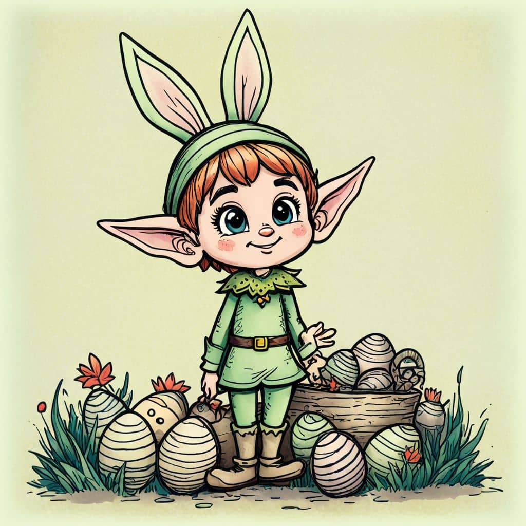 Colored Elf from Elf Cartoon wearing a bunny hat on Easter