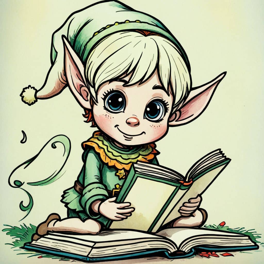 Colored Elf cartoon character reading a magical book