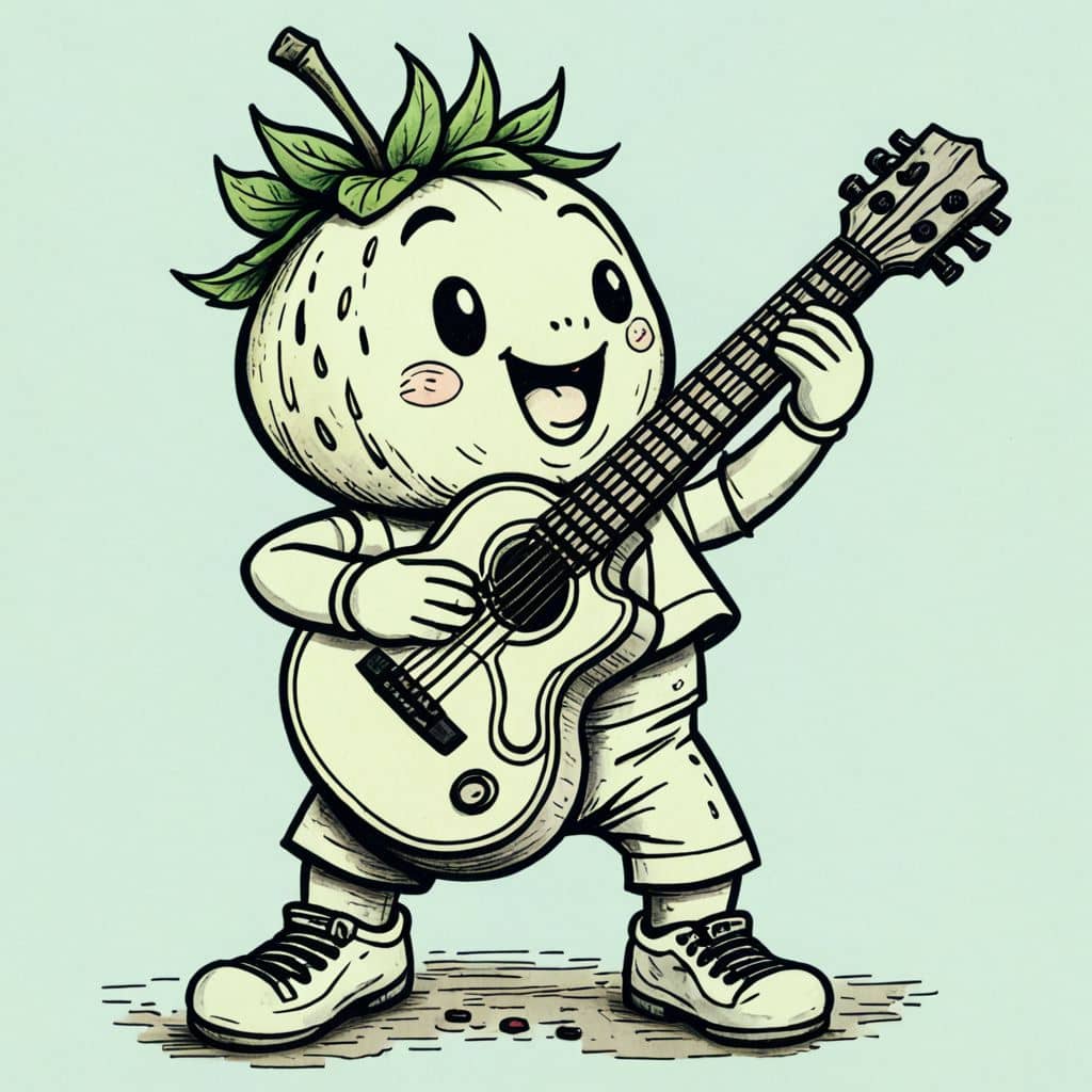 Colored Strawberry playing a guitar