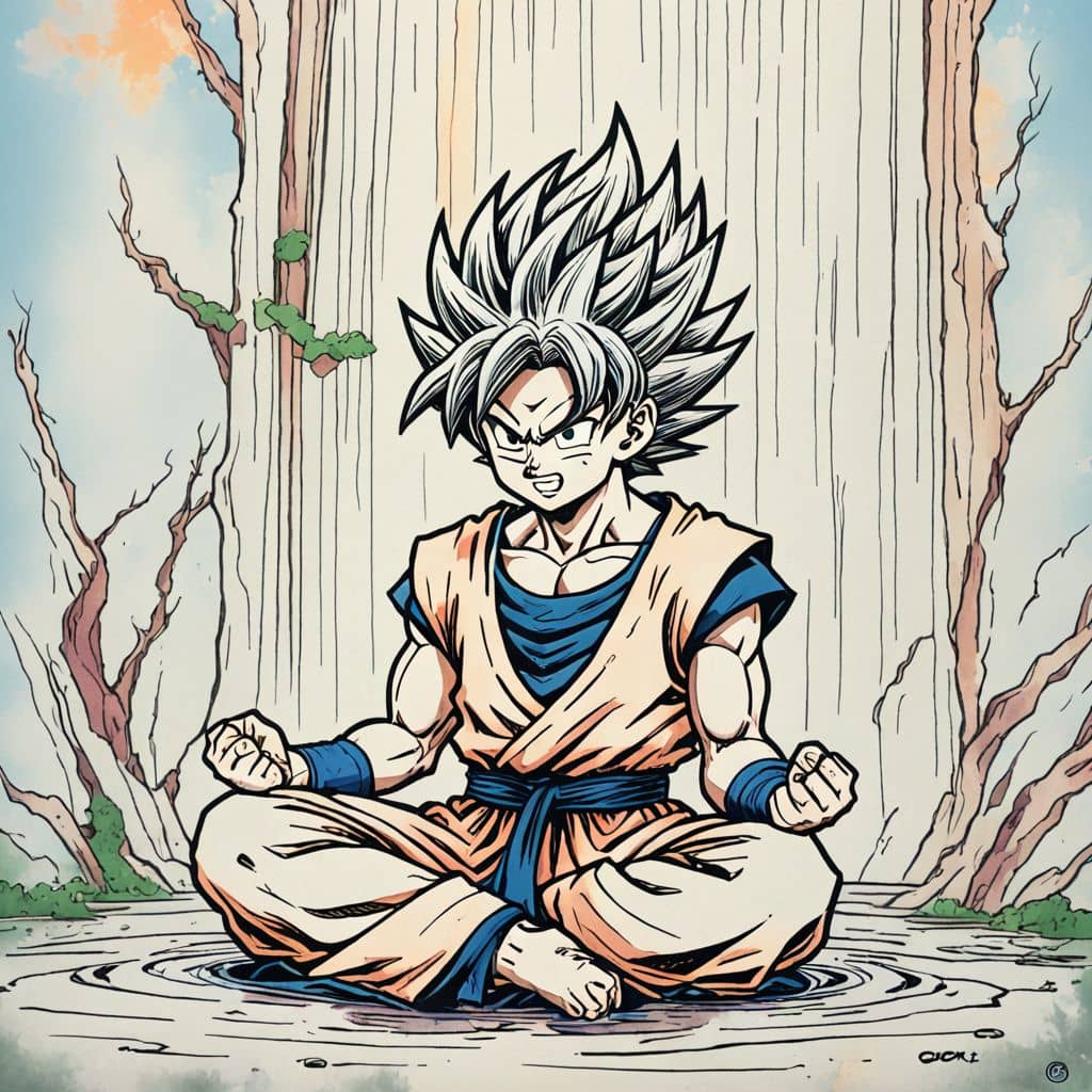 Colored Goku - the Saiyan from Dragon Ball Z meditating under a waterfall