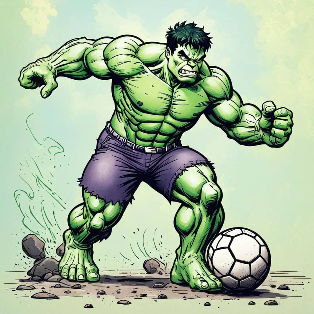 Colored Hulk - the superhero from Marvel Comics kicking a soccer ball