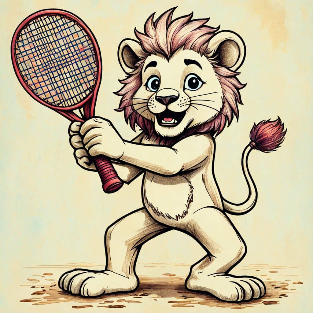 Colored Lion swinging a tennis racket
