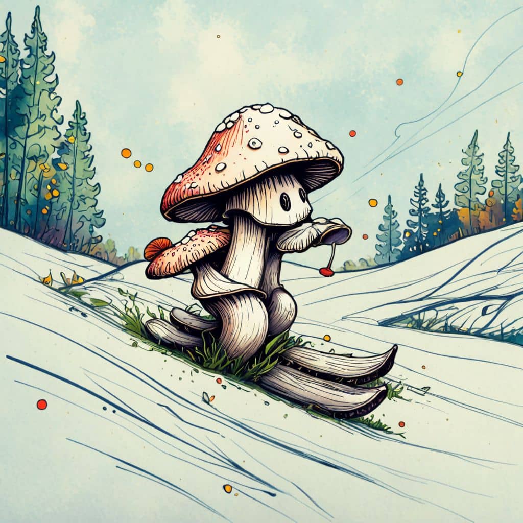 Colored Mushroom skiing down a gentle slope
