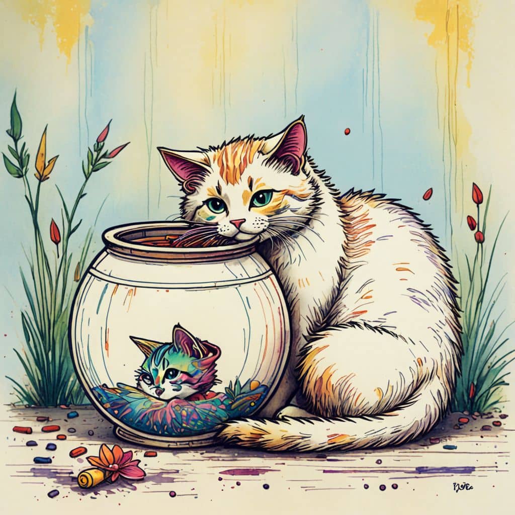 Colored Cat napping next to a fishbowl