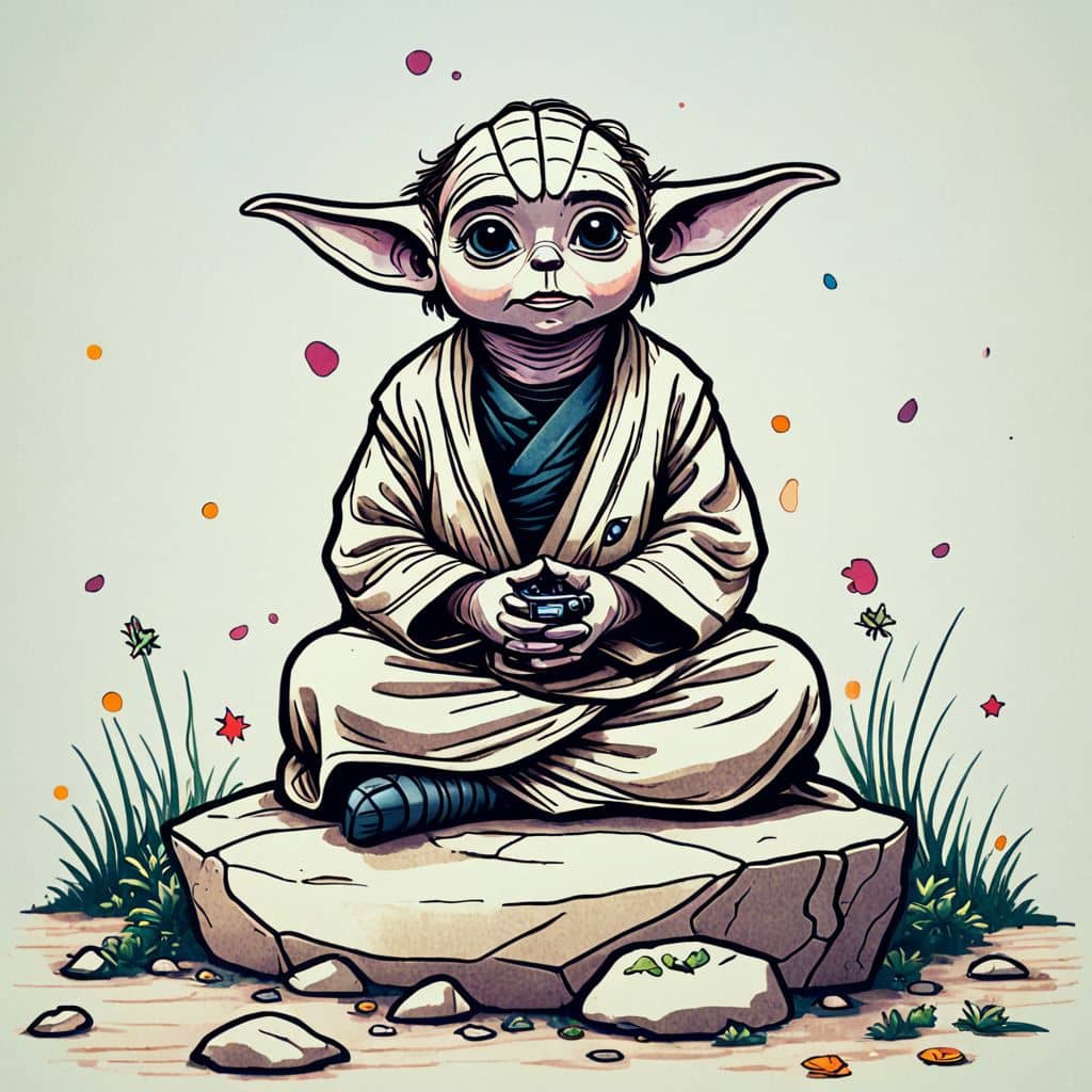 Colored Yoda meditating on a rock