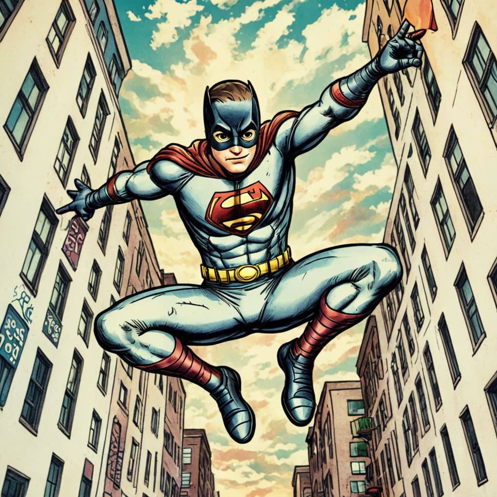 Colored Spider-Man - from Marvel Comics swinging between buildings