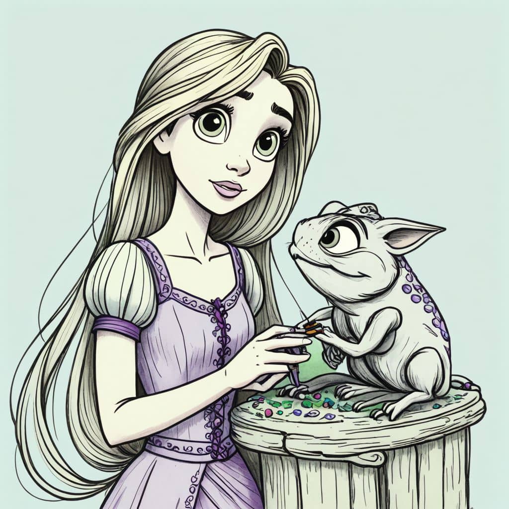 Colored Rapunzel from Tangled brushing Pascal the chameleon