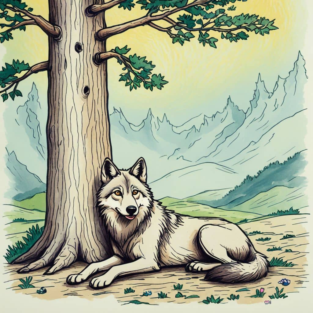 Colored Wolf resting under a tall pine tree