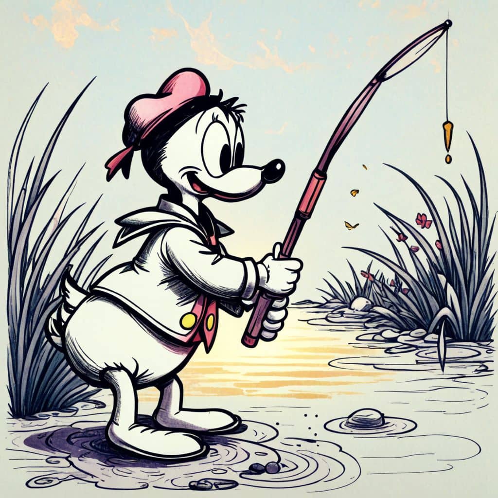 Colored Donald Duck - fishing by pond
