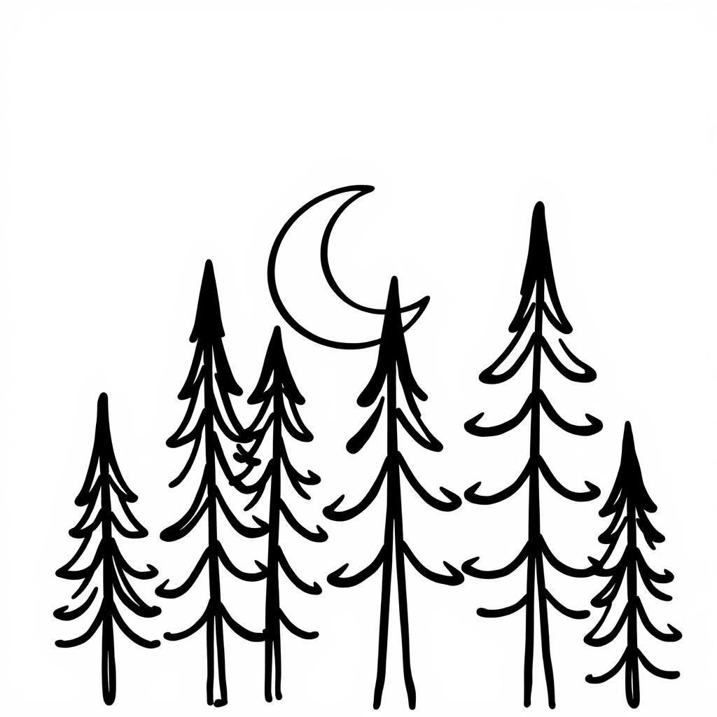 Crescent Moon peeking through tall pine trees