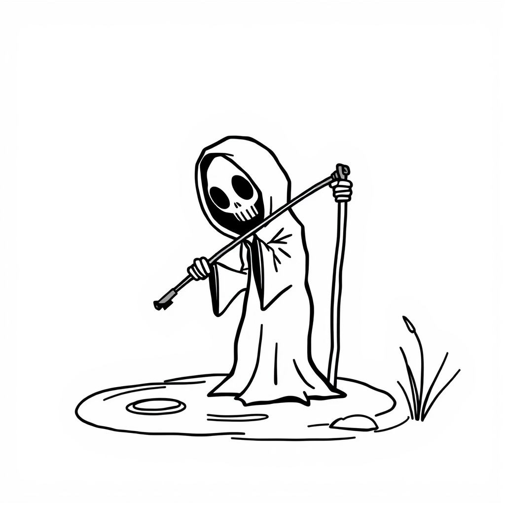 Grim Reaper fishing by a pond