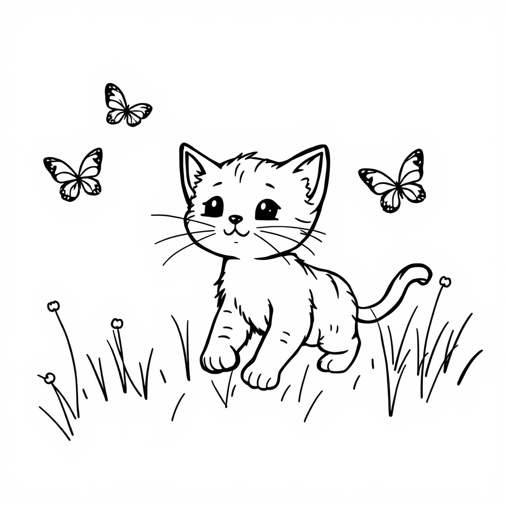 Playful kitten chasing butterflies in field