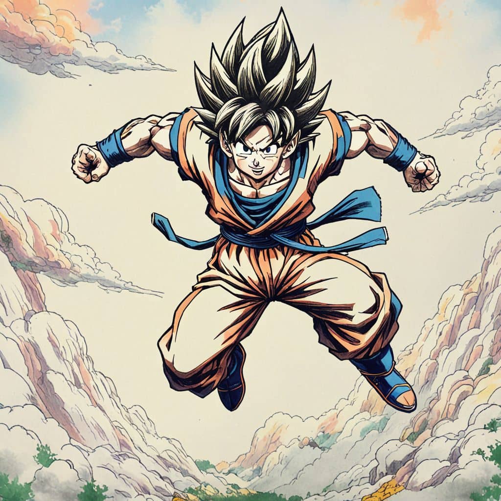 Colored Goku from Dragon Ball Z flying with a cloud