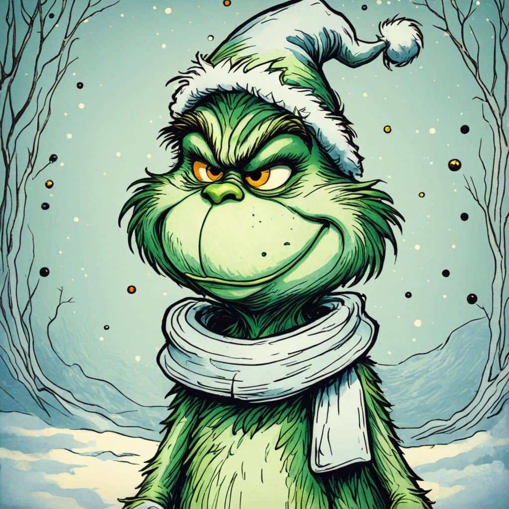 Colored Grinch from 'How the Grinch Stole Christmas' wearing cozy winter scarf