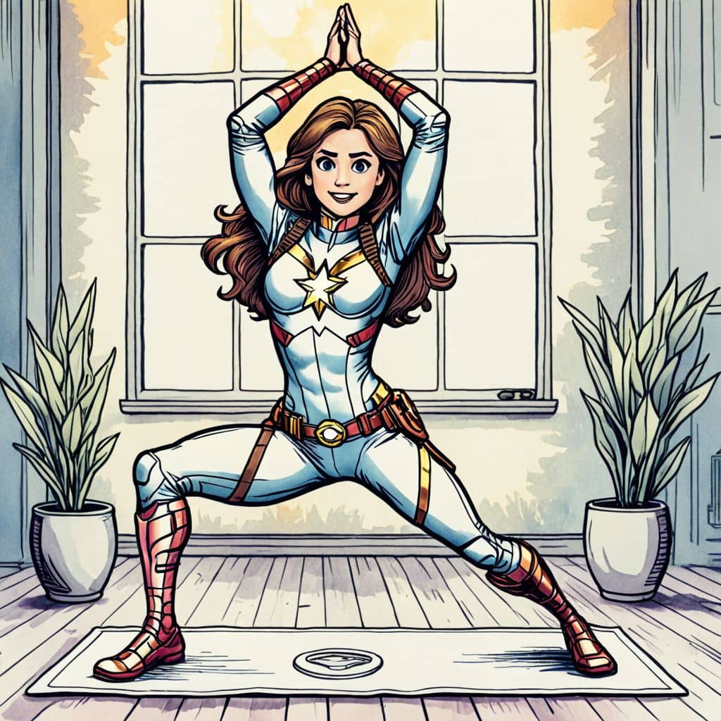 Colored Black Widow - Marvel superhero practicing yoga in a studio