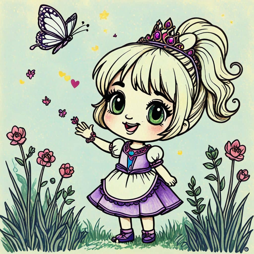Colored Chibi princess playing with a butterfly