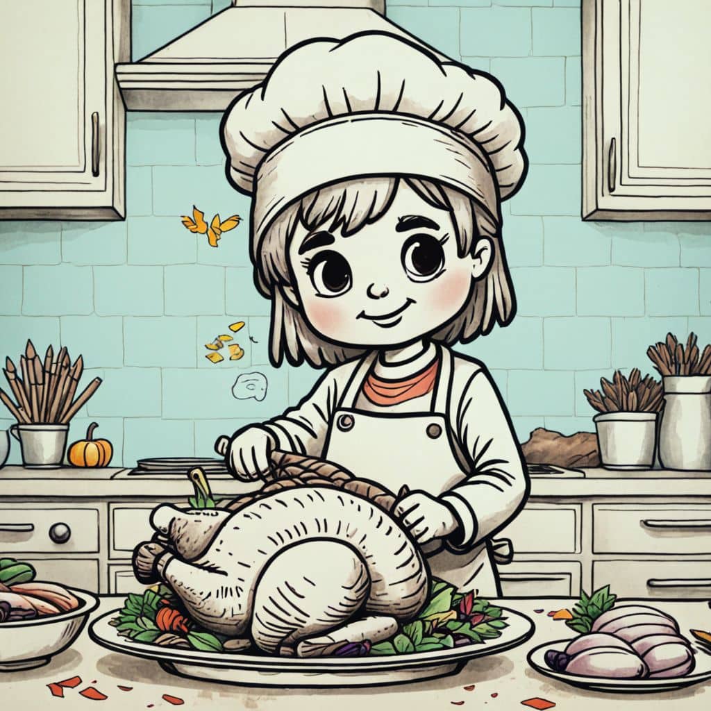 Colored Chibi chef cooking a turkey