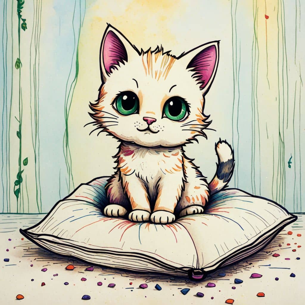 Colored Chibi cat sitting on a pillow
