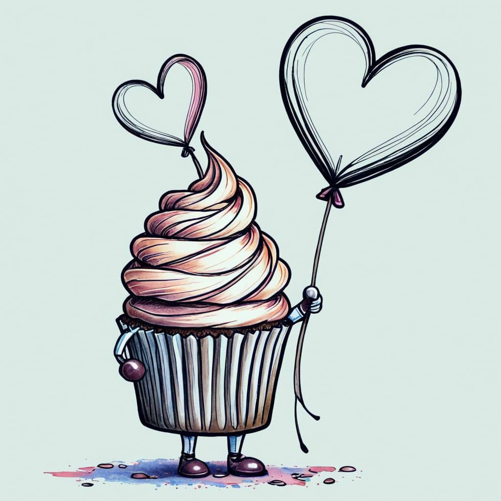 Colored Cupcake holding a heart-shaped balloon