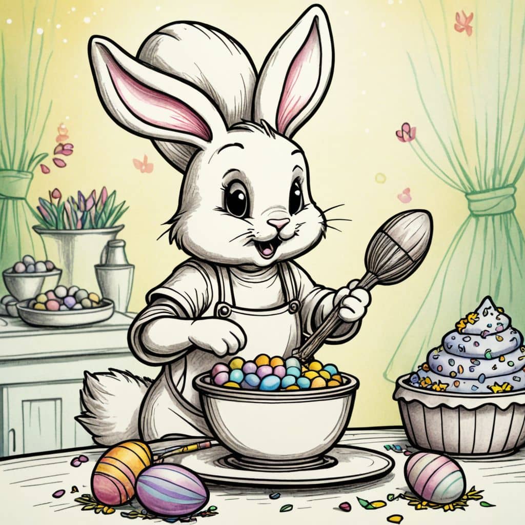 Colored Bunny chef mixing colorful icing