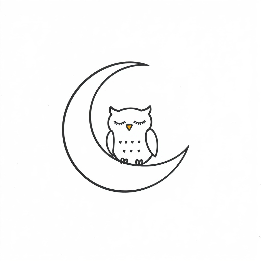 Crescent moon with sleeping owl