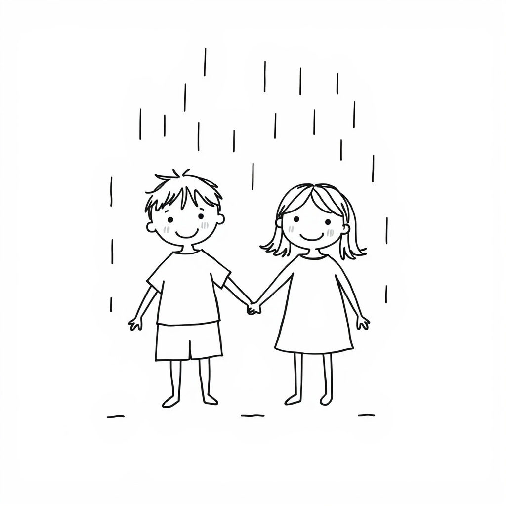 Two kids holding hands in rain