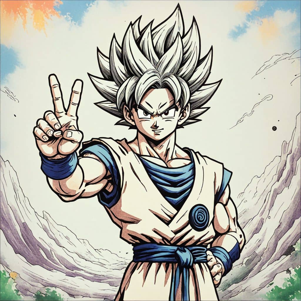 Colored Goku from Dragon Ball Z giving a peace sign