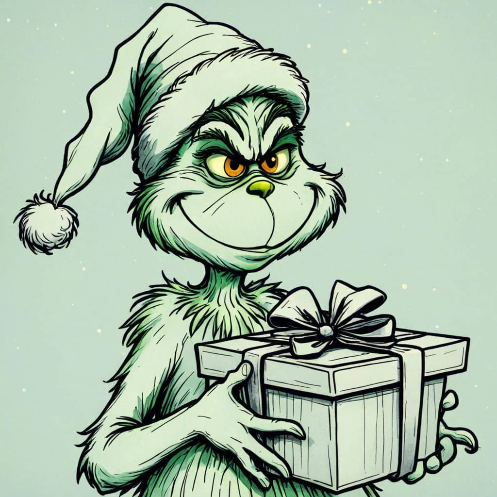 Colored Grinch from 'How the Grinch Stole Christmas' holding a gift box