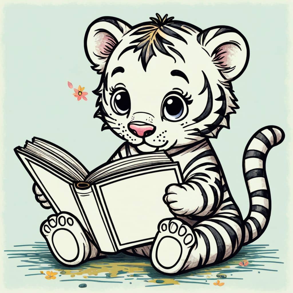 Colored Chibi Tiger reading a book