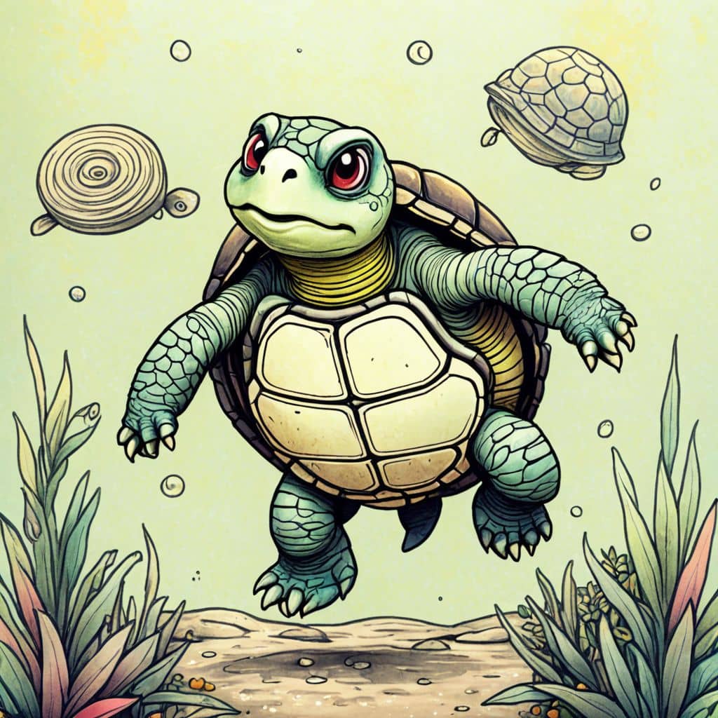 Colored Turtle enjoying zero-gravity with floating food