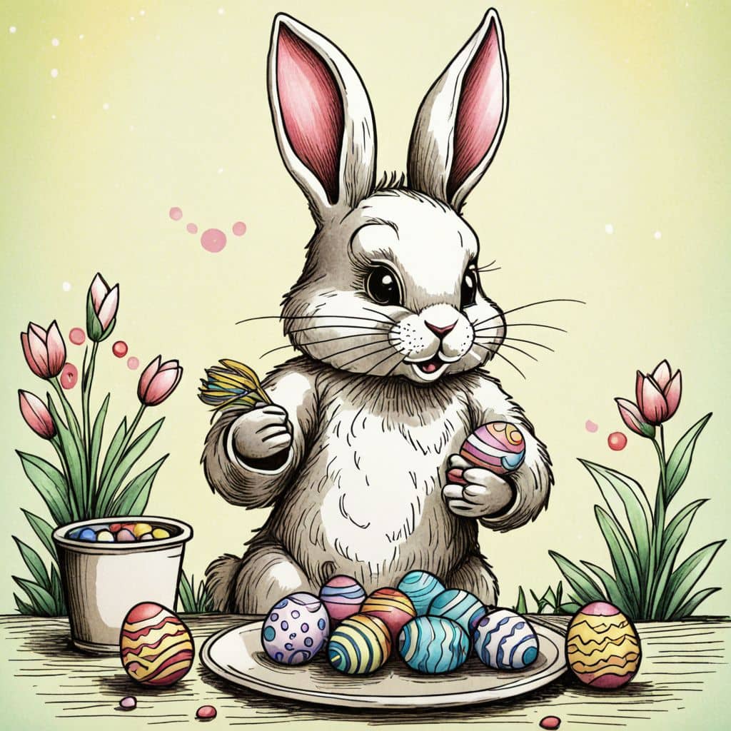 Colored Bunny chef arranging Easter egg cookies