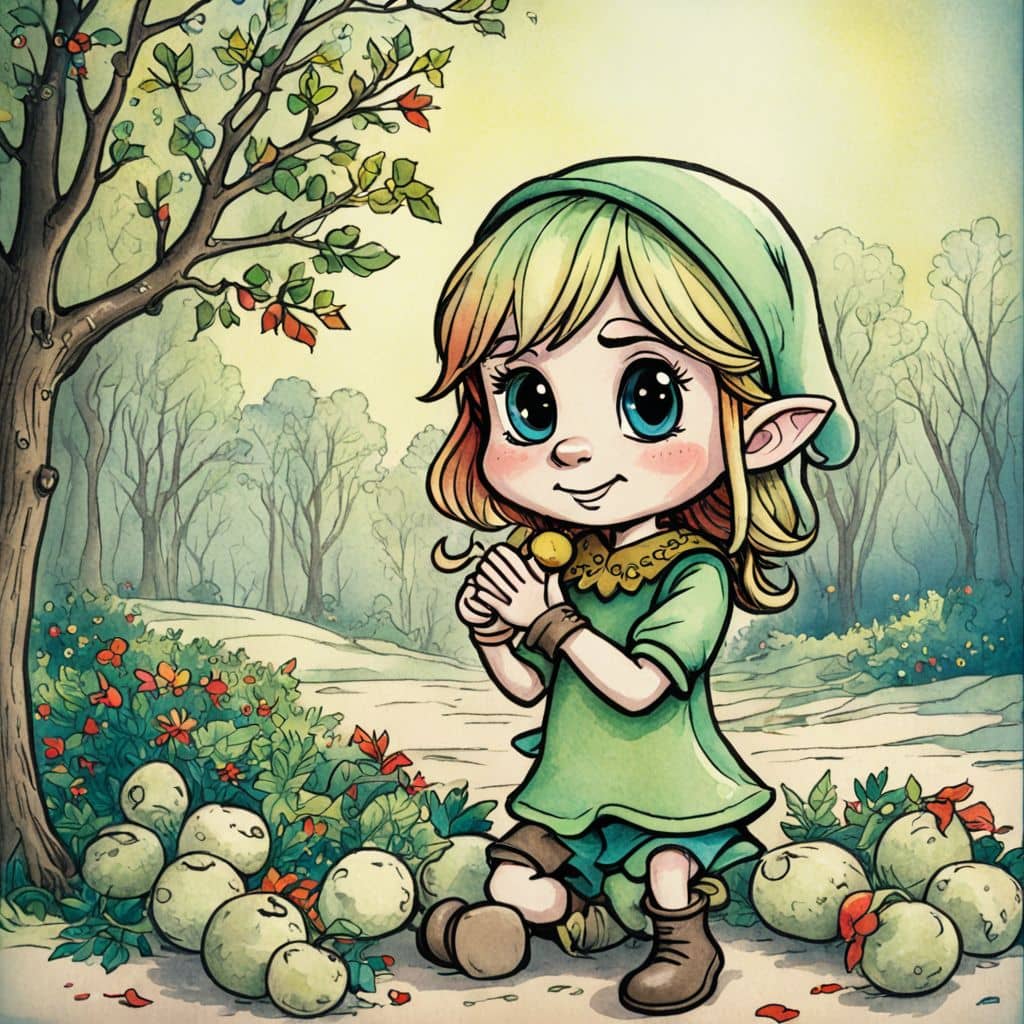 Colored Elf from Elf Cartoon picking apples in an autumn orchard