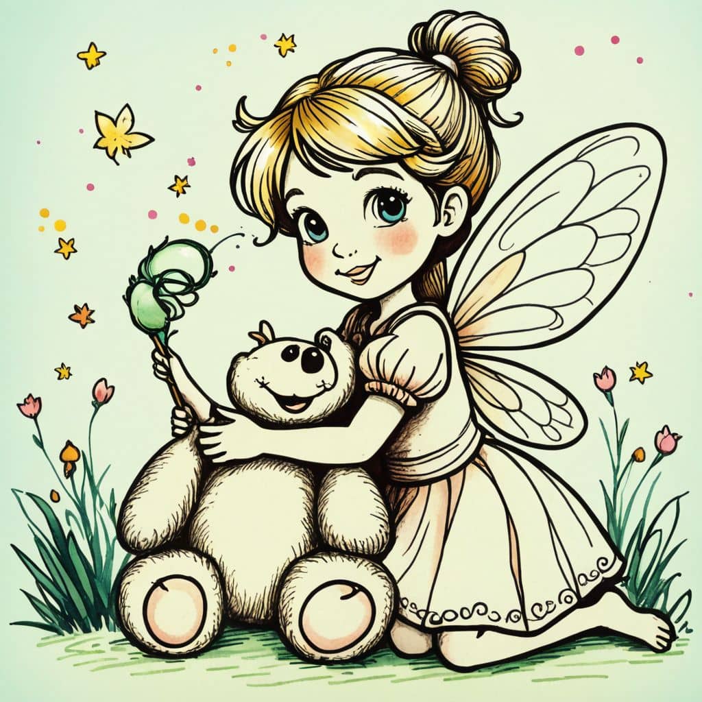 Colored Fairy hugging a teddy bear