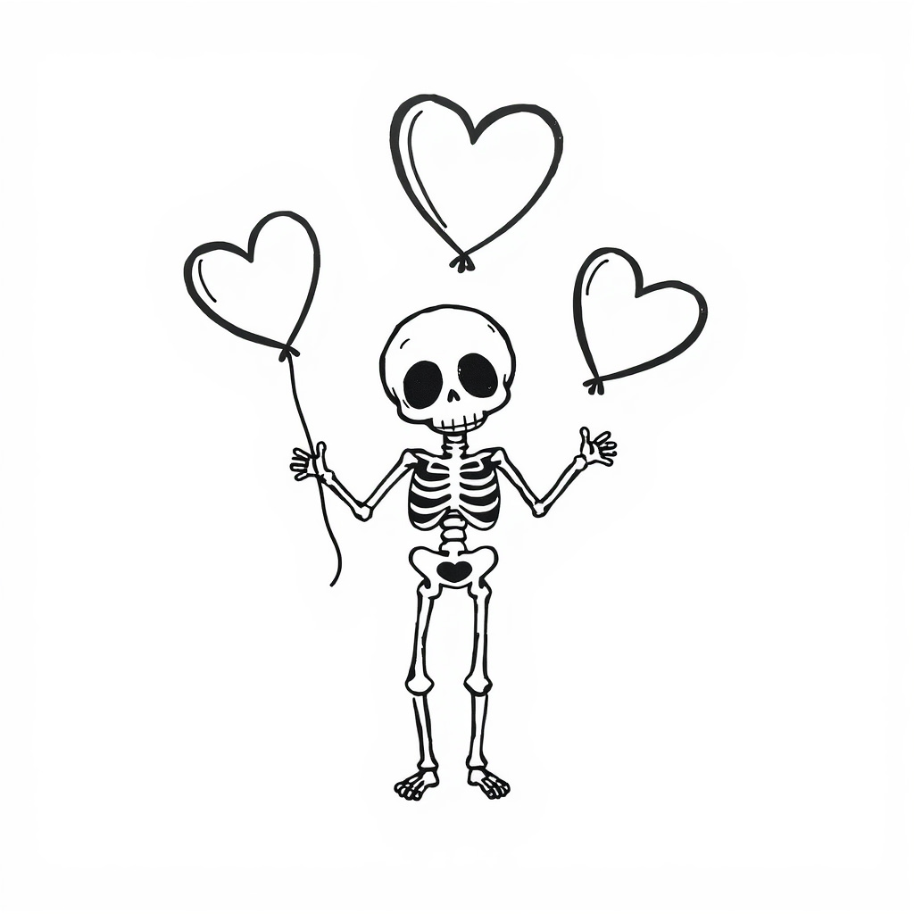 Skeleton holding heart balloons.