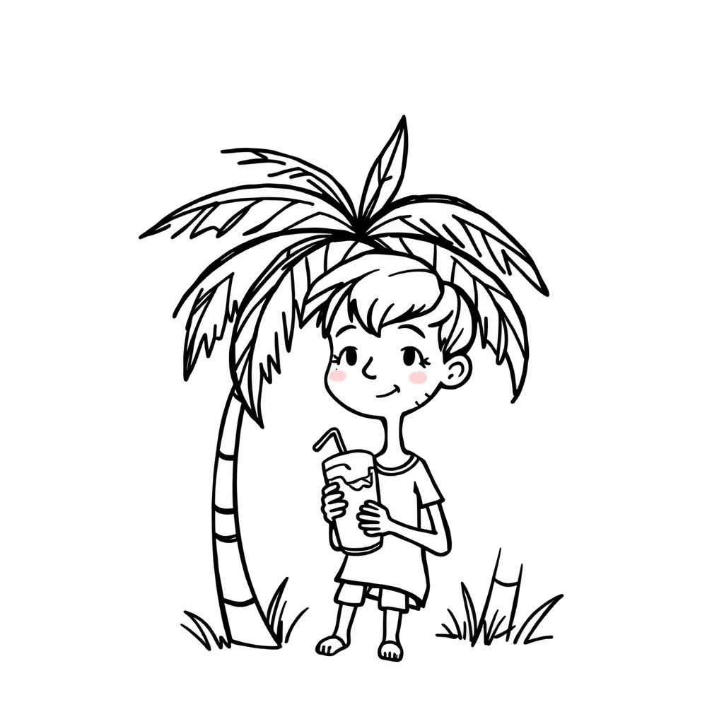 Teen with smoothie under palm tree.