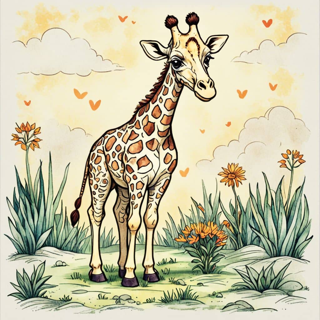 Colored Giraffe planting a garden.
