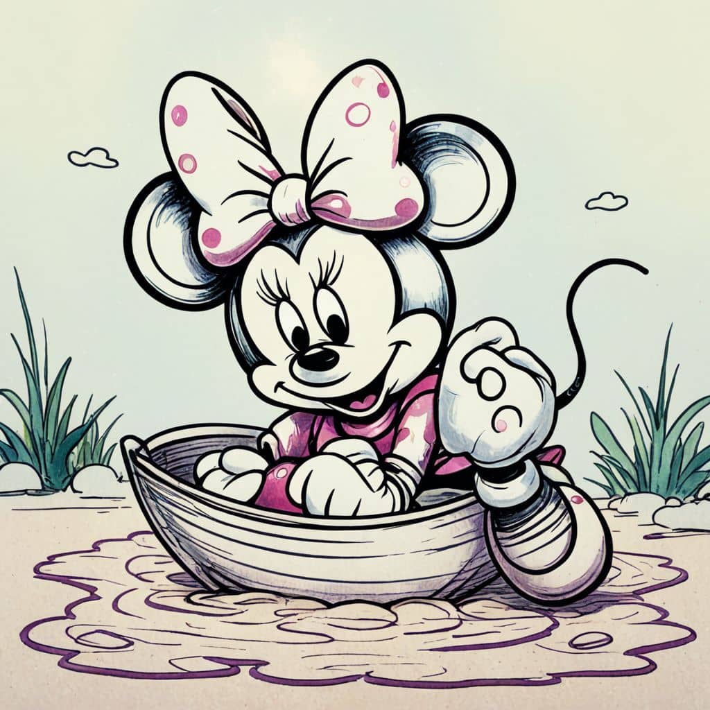 Colored Chibi Minnie Mouse playing with a toy boat in a puddle.