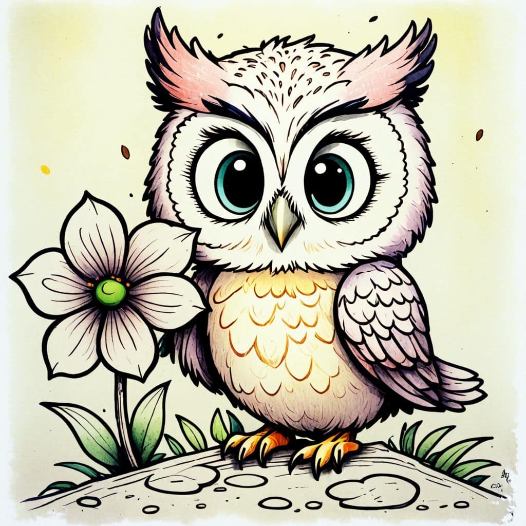 Colored Chibi Owl holding a flower.