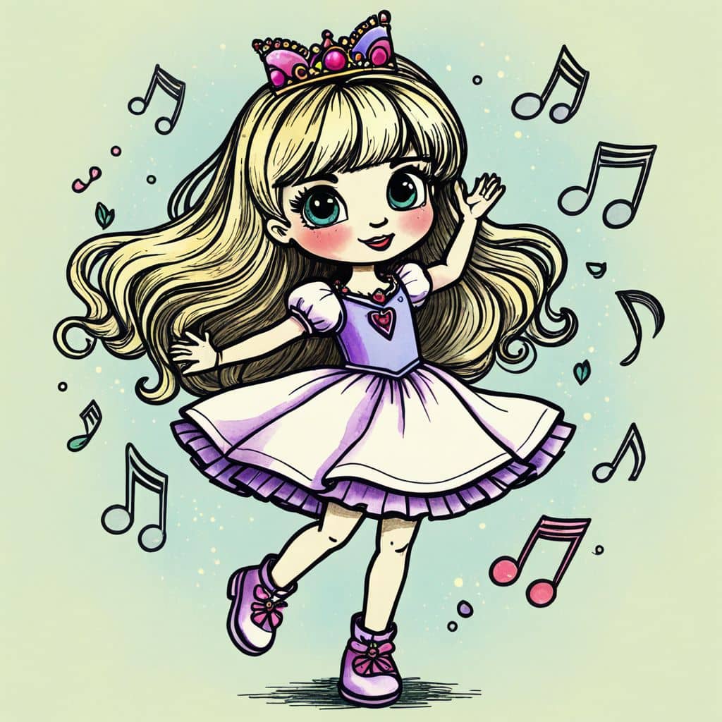 Colored Chibi princess dancing with musical notes around.
